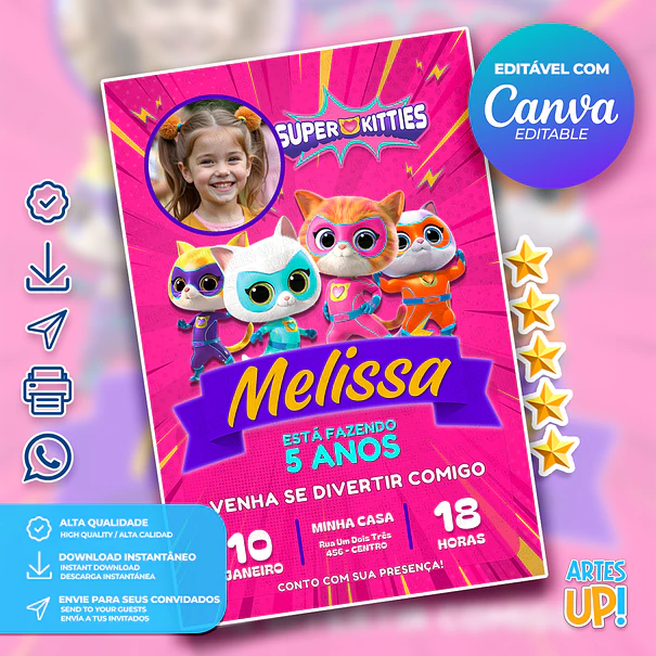 Invitación de cumpleaños de Super Kittens con foto 1