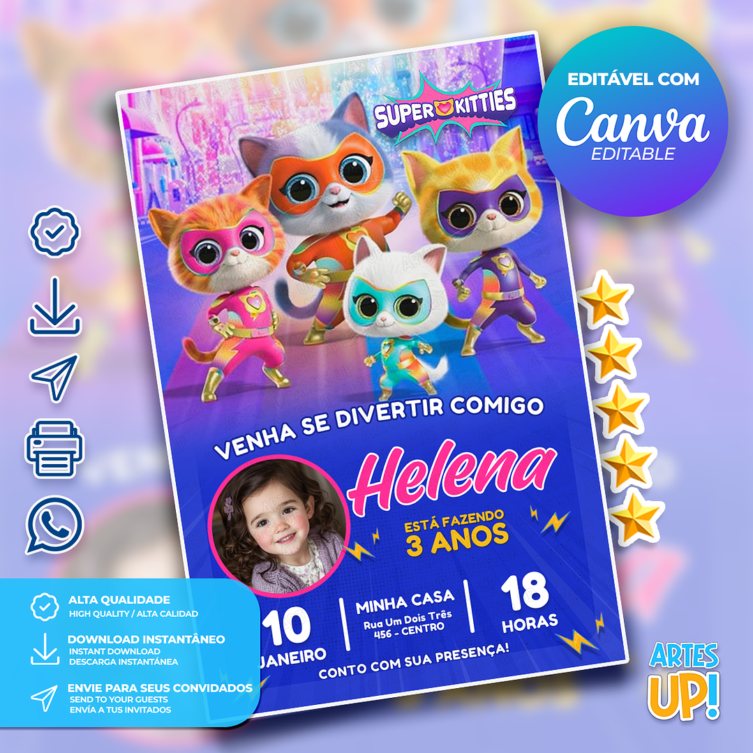 Convite Aniversário Supergatinhos com foto 1
