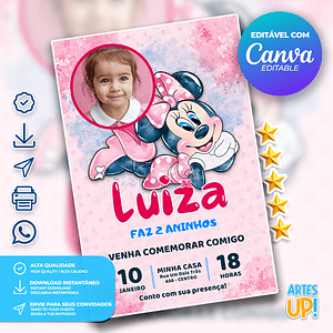 Invitación de cumpleaños de Minnie en acuarela con foto