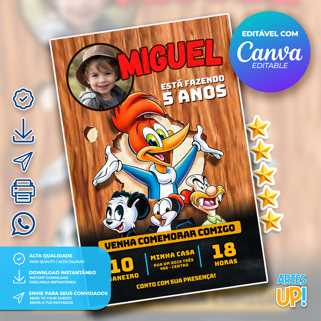 Convite Aniversário Pica Pau com foto 1