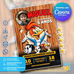 Convite Aniversário Pica Pau com foto