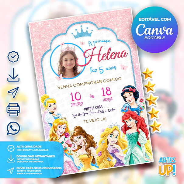 Convite Aniversário Princesas Disney com foto 1