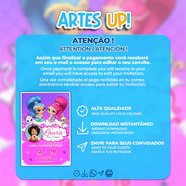 Convite Aniversário Shimmer and Shine com foto 2
