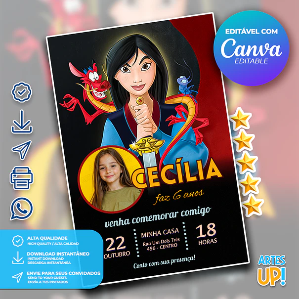 Princess Mulan Birthday Invitation with photo 1
