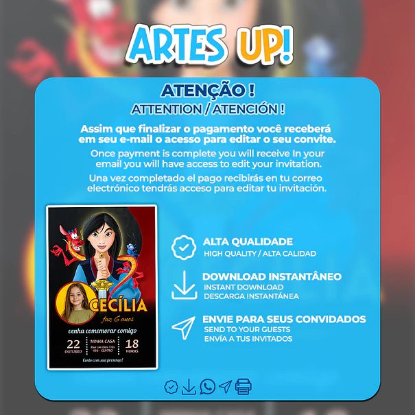 Princess Mulan Birthday Invitation with photo 2