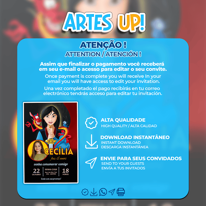 Convite Aniversário Princesa Mulan com foto 2