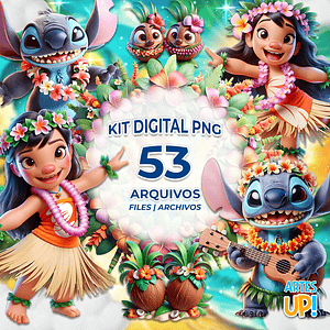 Kit digital floral hawaiano de Lilo y Stitch (imágenes prediseñadas PNG)