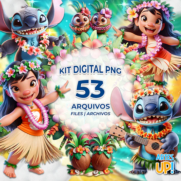 Kit digital floral hawaiano de Lilo y Stitch (imágenes prediseñadas PNG) 1