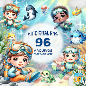 Kit digital PNG Niño buceador Clipart Fondo marino