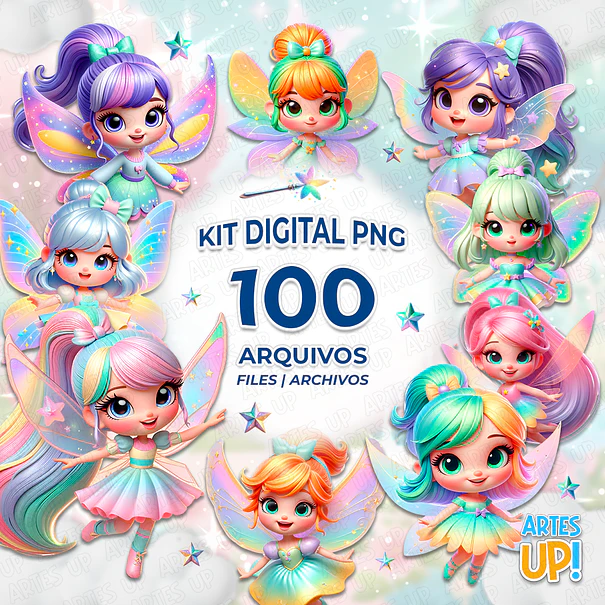 Kit Digital PNG Fadas Coloridas Clipart 1