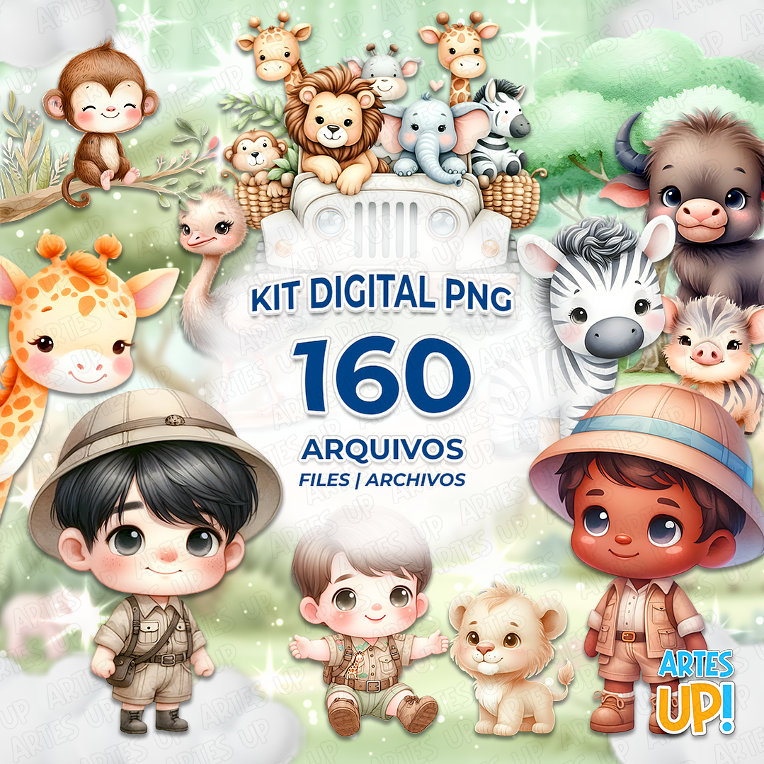 Kit Digital PNG Safari Menino Clipart Aquarela 1