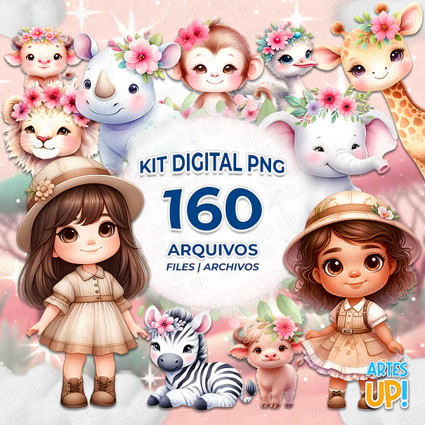 Kit digital PNG Safari Girl Clipart Acuarela 1