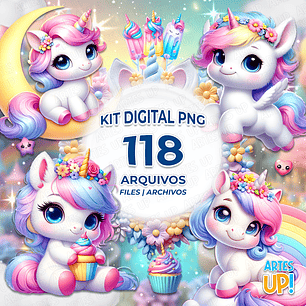 Kit Digital PNG Unicórnio Clipart Cute