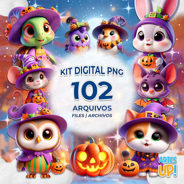 Kit Digital PNG Animais Fofos Halloween Clipart 1
