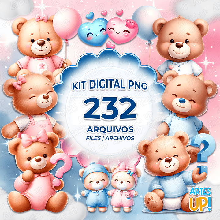 Kit Digital PNG Ursinhos Chá Revelação Clipart Rosa e Azul 1