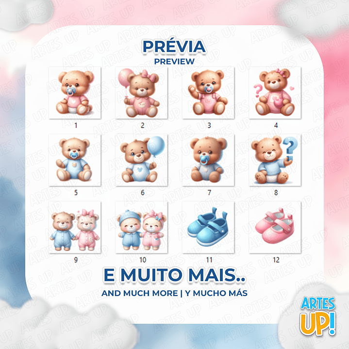 Kit Digital PNG Ursinhos Chá Revelação Clipart Rosa e Azul 2