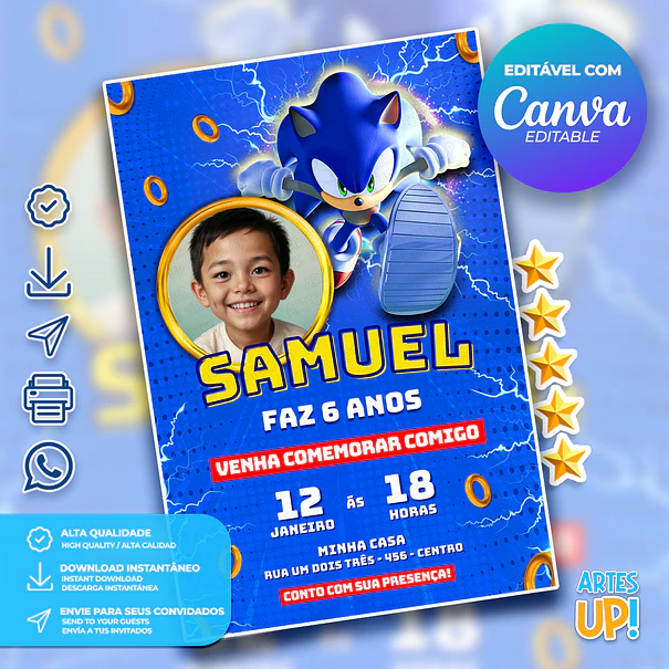 Invitación de cumpleaños de Sonic con foto 1