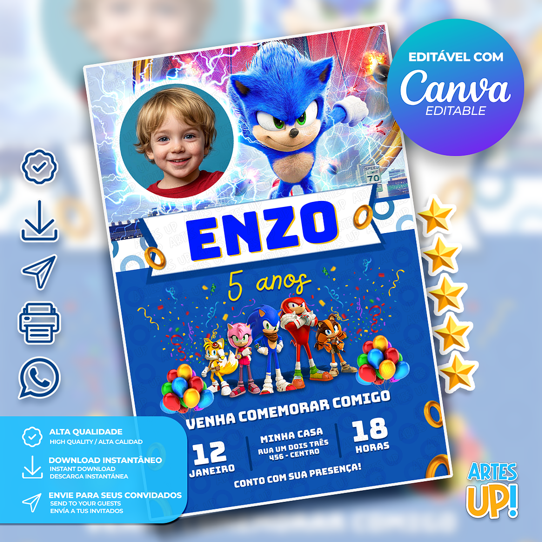 Convite Aniversário Sonic com foto 1