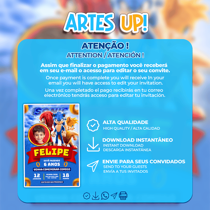 Convite Aniversário Sonic com foto 2
