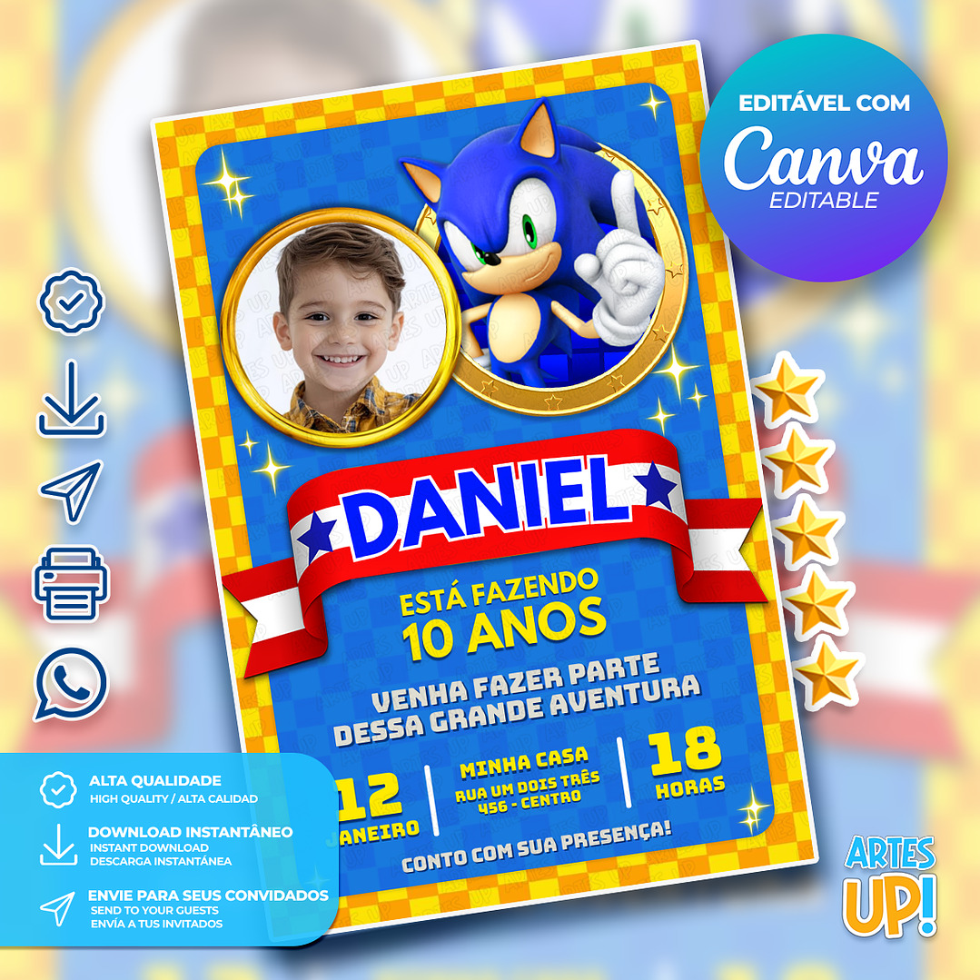 Convite Aniversário Sonic com foto 1