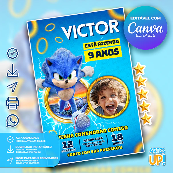 Convite Aniversário Sonic com foto 1