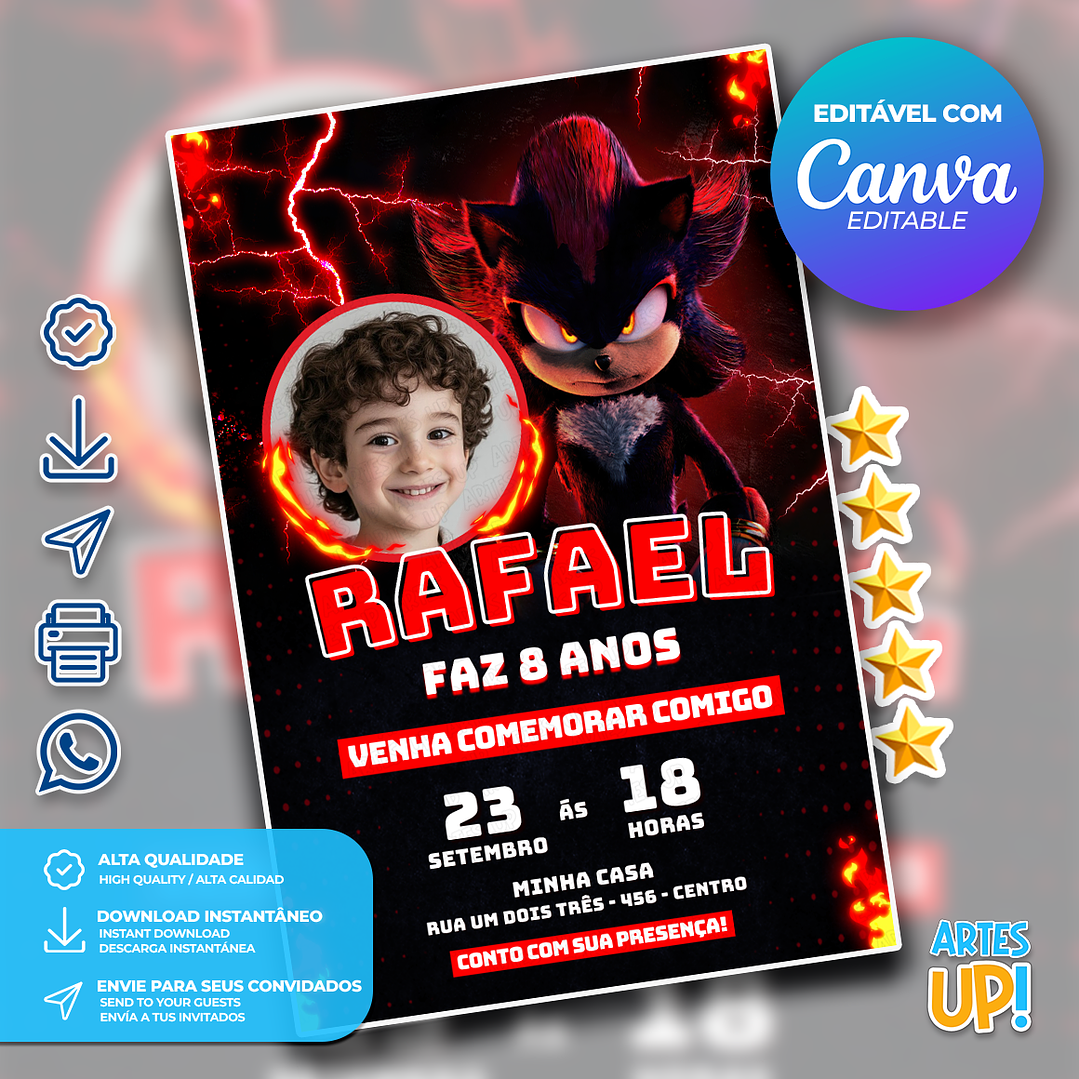 Convite Aniversário Shadow Sonic com foto 1