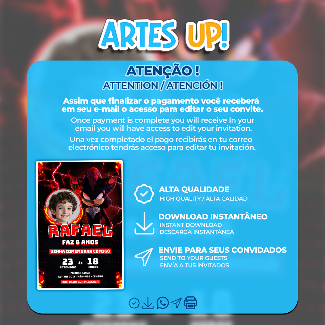 Convite Aniversário Shadow Sonic com foto 2