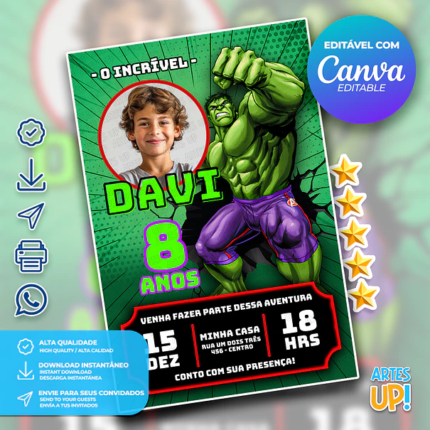 Convite Aniversário Hulk com foto 1