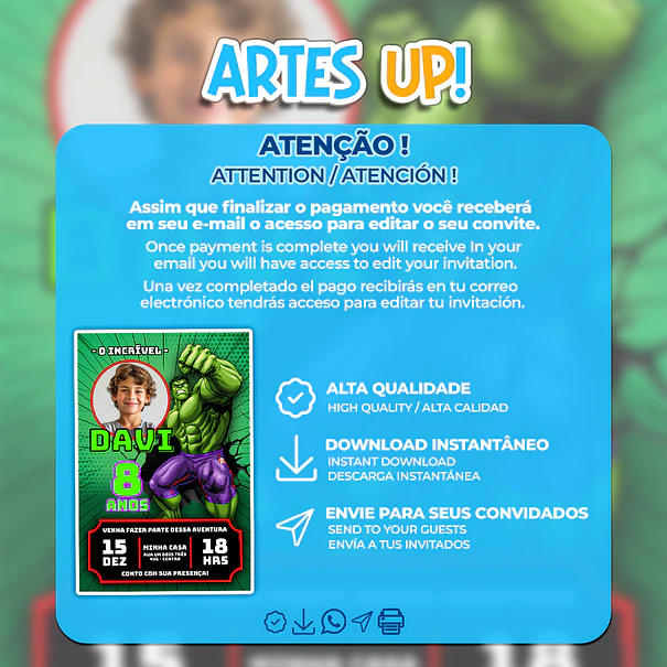 Convite Aniversário Hulk com foto 2