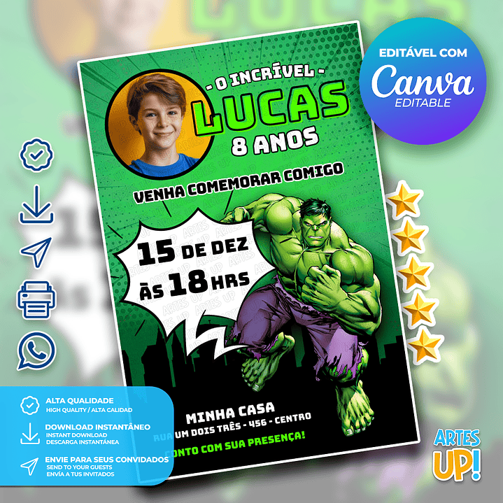 Convite Aniversário Hulk com foto 1