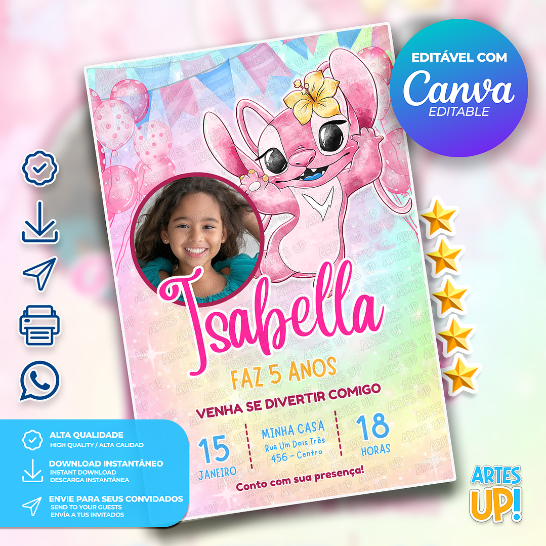 Convite Aniversário Angel aquarela com foto 1