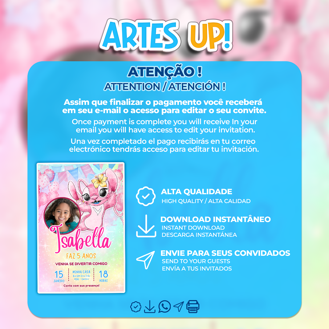 Convite Aniversário Angel aquarela com foto 2