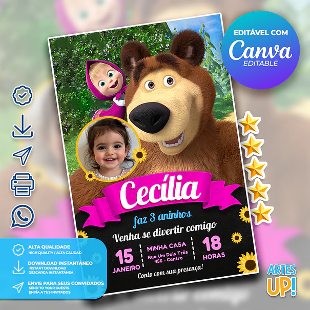 Convite Aniversário Masha e Urso com foto 1