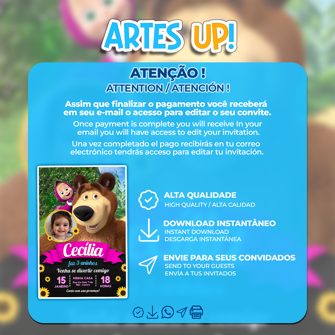 Convite Aniversário Masha e Urso com foto 2