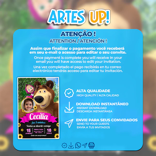 Convite Aniversário Masha e Urso com foto 2