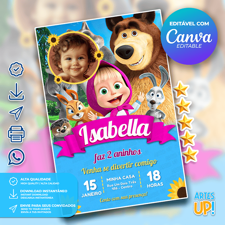 Convite Aniversário Masha e Urso com foto 1