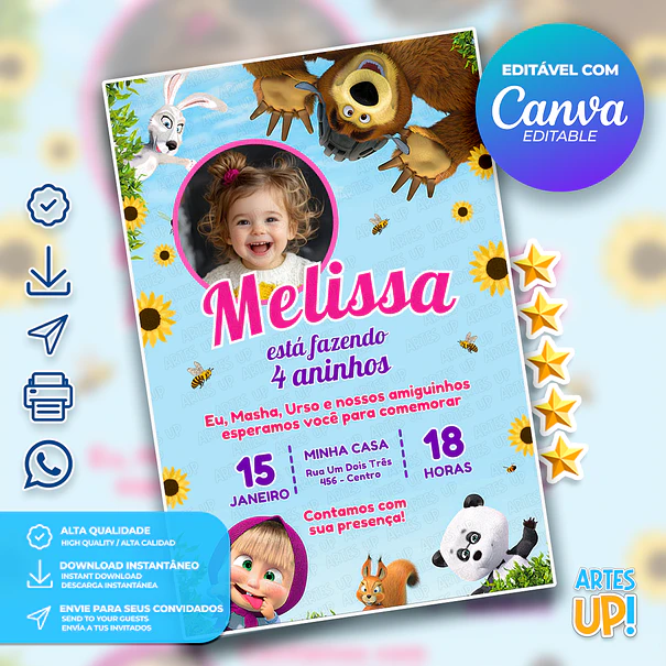Convite Aniversário Masha e Urso com foto 1