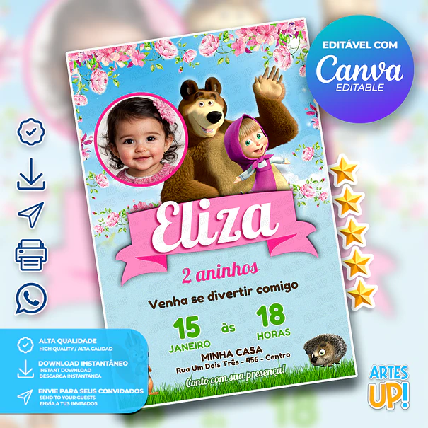 Convite Aniversário Masha e Urso com foto 1