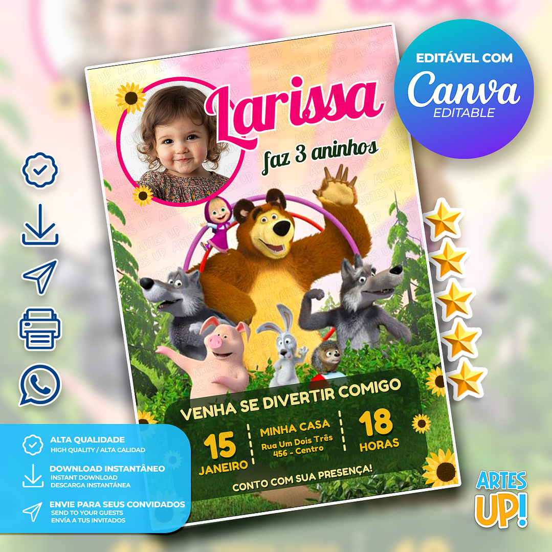Convite Aniversário Masha e Urso com foto 1
