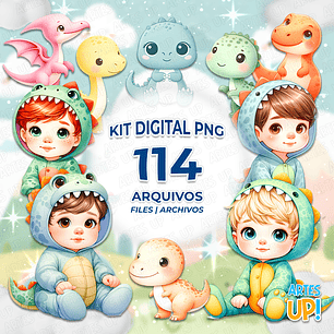 Kit Digital PNG Dino Baby Clipart Aquarela