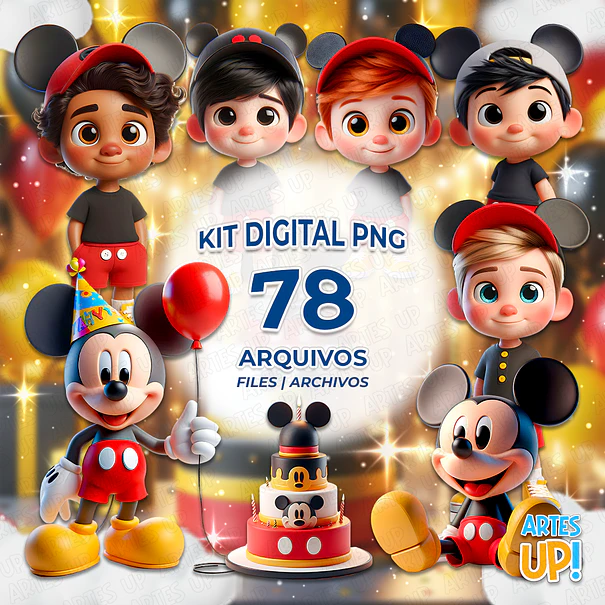 Kit Digital PNG Aniversário Mickey e Mascotes Clipart 1