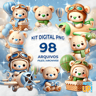 Kit Digital PNG Ursinho Aviador Baloeiro Clipart