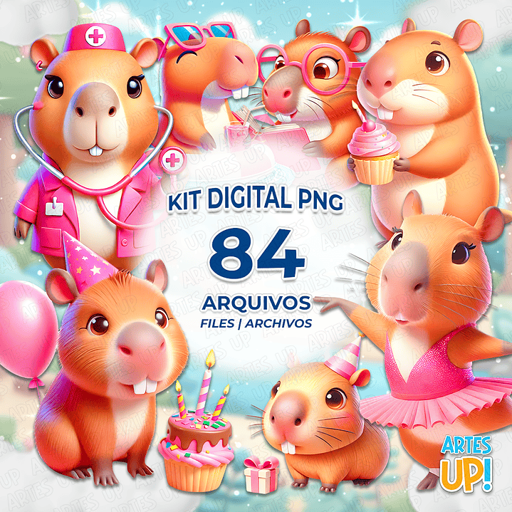 Kit Digital PNG Capivara Rosa Clipart 1
