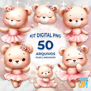 Kit digital de oso bailarina rosa PNG acuarela clipart