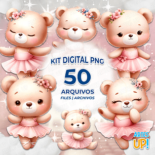 Kit Digital PNG Ursinha Bailarina Rosa Clipart aquarela