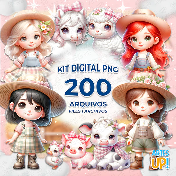 Kit digital PNG Chica de granja Clipart Acuarela rosa 1