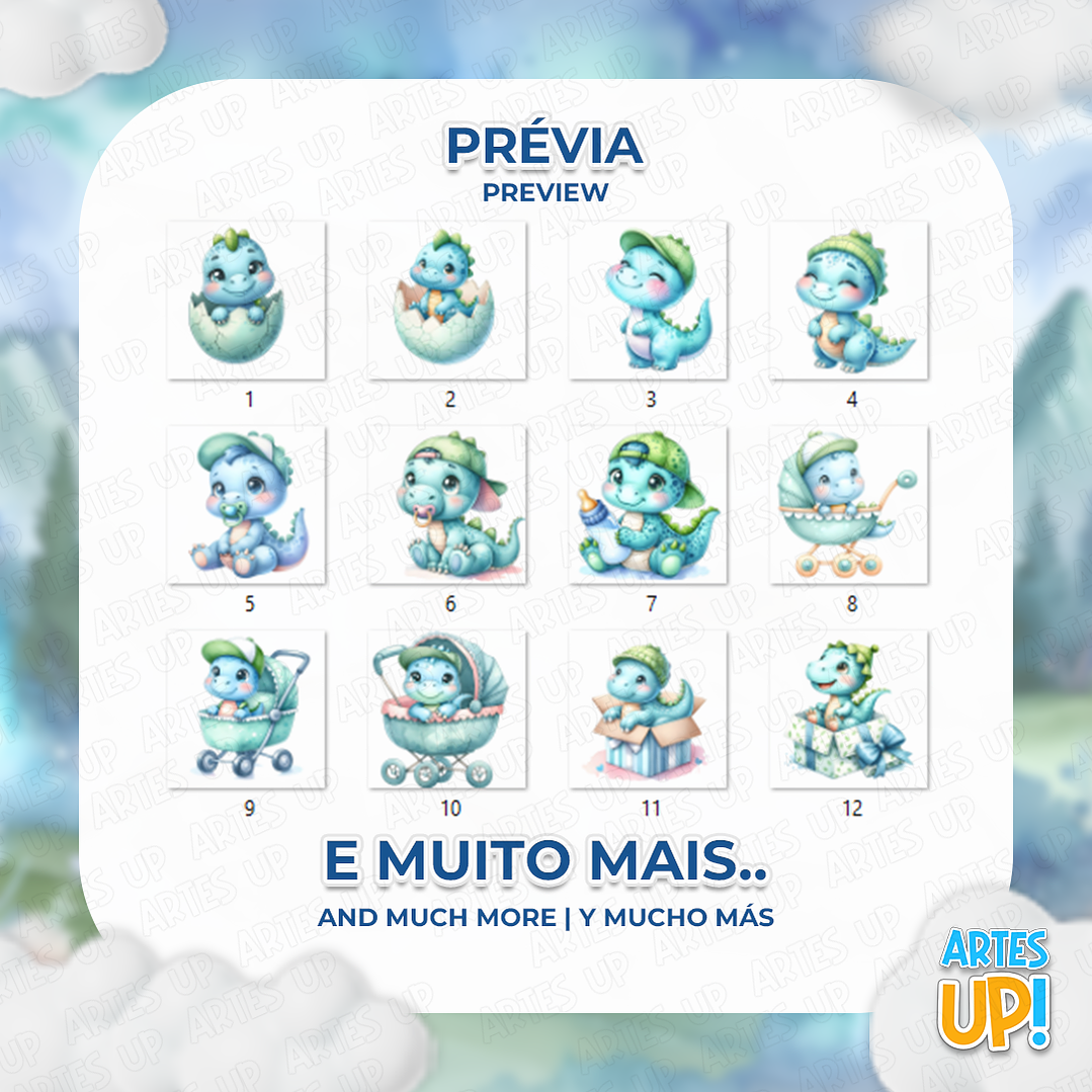 Kit Digital PNG Dino Baby Azul Aquarela Clipart  2