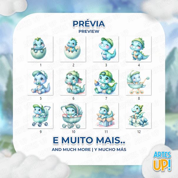 Kit Digital PNG Dino Baby Azul Aquarela Clipart  2