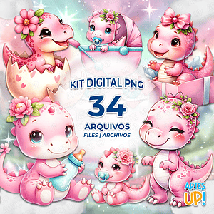 Kit Digital PNG Dino Bebé Rosa Aquarela Clipart