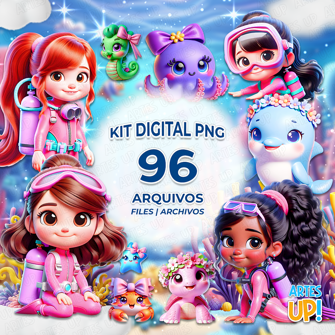 Kit Digital PNG Menina Mergulhadora Fundo do Mar Clipart  1